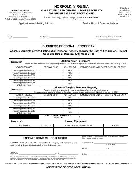 First page of the Return of Machinery & Tools Property for Businesses and Professions