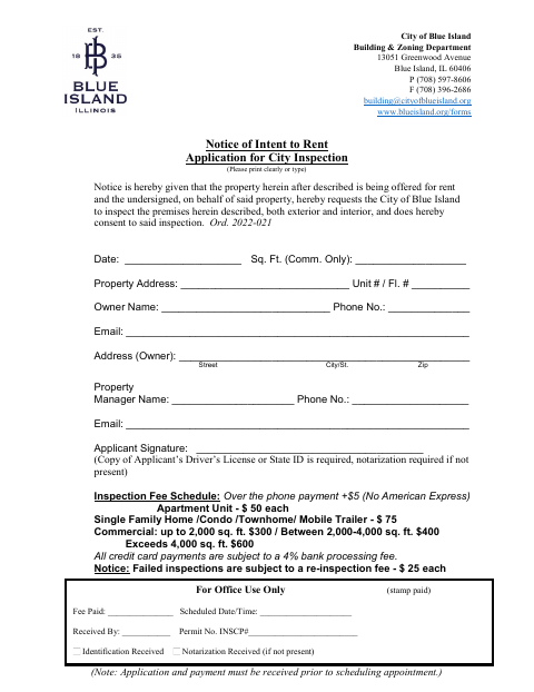 First page of the Notice of Intent to Rent Application for City Inspection