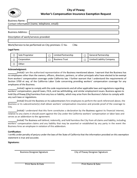First page of the Worker’s Compensation Insurance Exemption Request