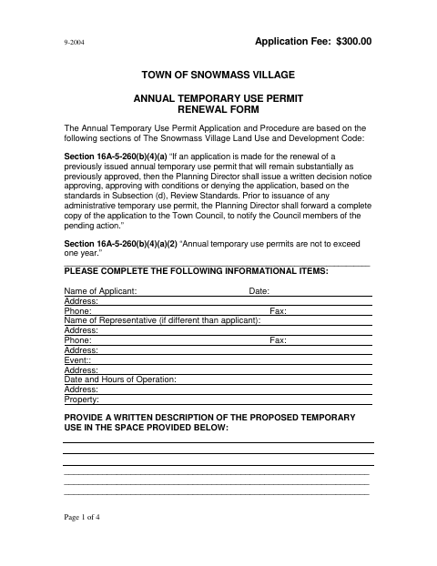 First page of the Annual Temporary Use Permit Renewal Application