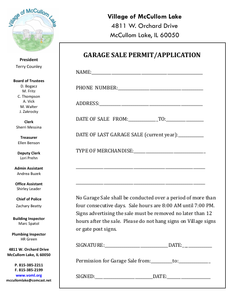 First page of the Garage Sale Permit/Application