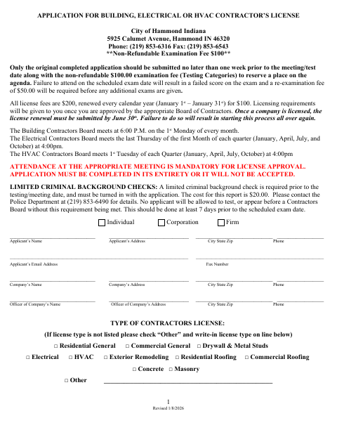 First page of the Building, Electrical or HVAC Contractor’s License Application