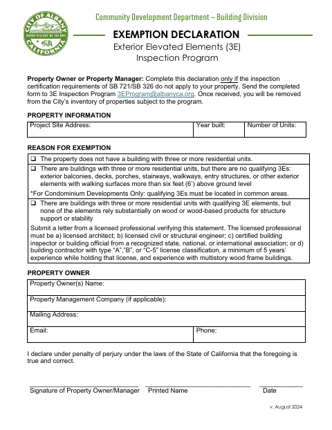 First page of the Exemption Declaration