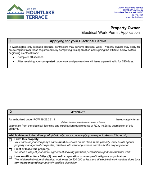 First page of the Electrical Work Affidavit for Homeowners