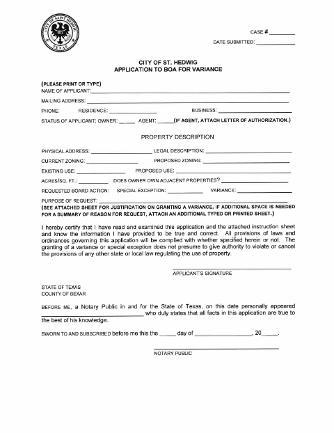 First page of the Board Of Adjustment Variance Application