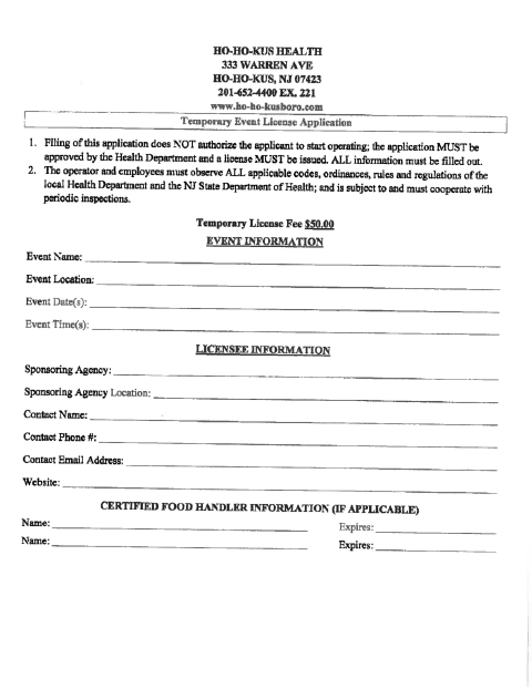 First page of the Temporary Food License Application
