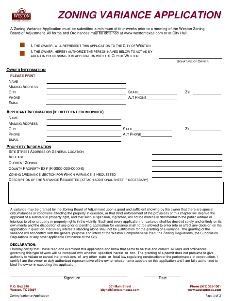 First page of the Zoning Variance Application