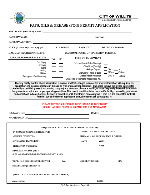 First page of the Fats, Oils & Grease (FOG) Permit Application