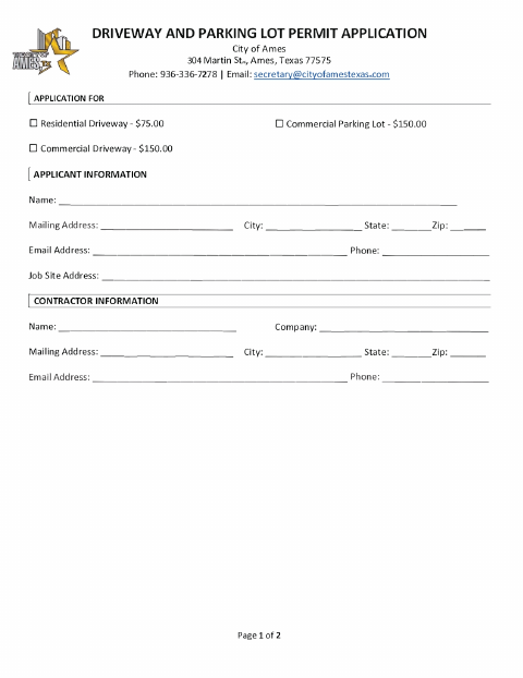 First page of the Driveway and Parking Lot Permit Application