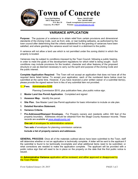First page of the Variance Application