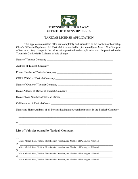 First page of the Taxicab License Application