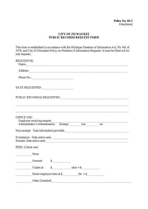 First page of the Public Records Request Form