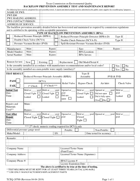 First page of the Backflow Prevention Assembly Test and Maintenance Report