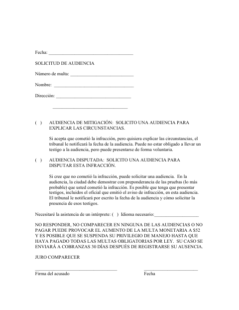 First page of the Solicitud De Audiencia