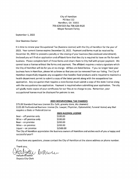 First page of the Occupational Tax Application