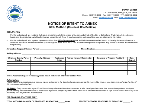 First page of the Notice of Intent to Annex 60% Method (Resident 10% Petition)