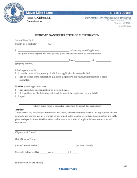 First page of the Affidavit of Ownership and Letter of Authorization