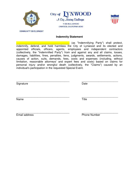 First page of the Indemnity Statement