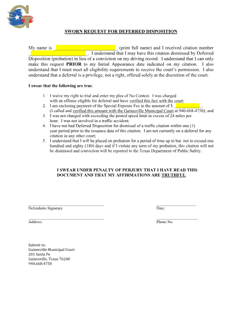 First page of the Deferred Disposition and Affidavit