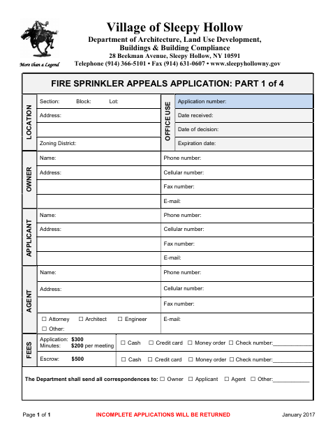 First page of the Fire Sprinkler Appeals Application
