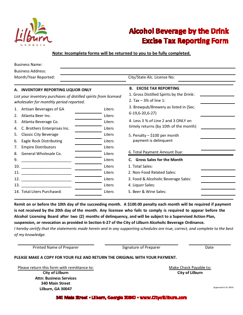 First page of the Alcohol Beverage by the Drink Excise Tax Reporting Form