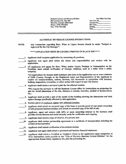 First page of the Alcoholic Beverage License Application