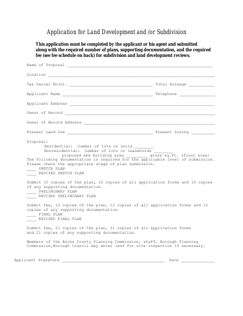 First page of the Application for Land Development and/or Subdivision