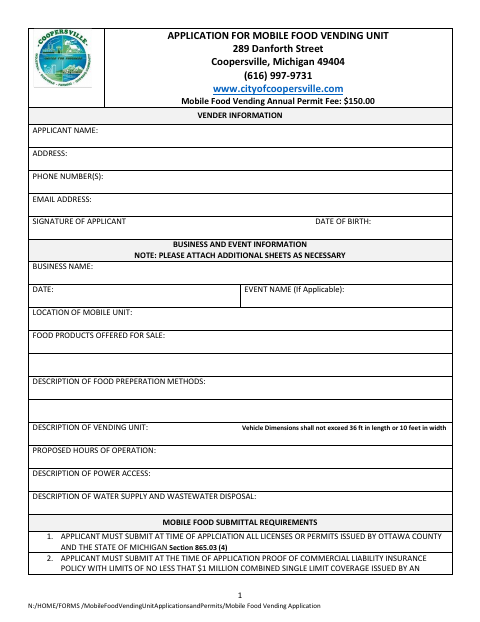 First page of the Application for Mobile Food Vending Unit