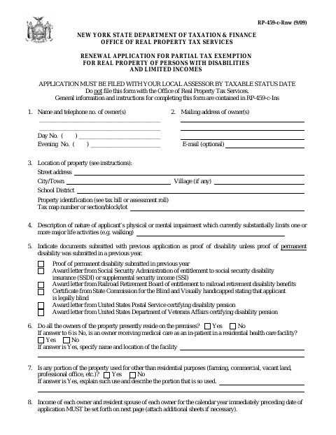 First page of the Renewal Application for Partial Tax Exemption for Real Property of Persons with Disabilities and Limited Incomes