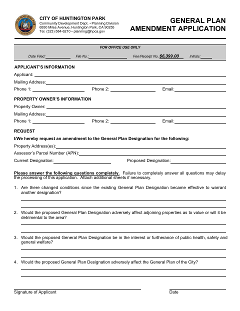 First page of the General Plan Amendment Application