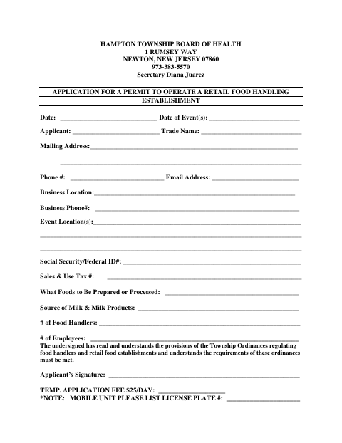First page of the Application for a Permit to Operate a Retail Food Handling Establishment