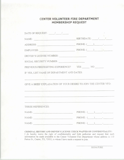 First page of the Center Volunteer Fire Department Membership Request
