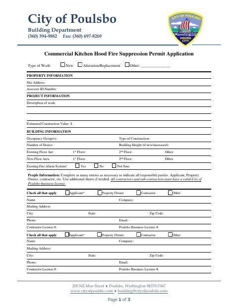 First page of the Commercial Kitchen Hood Fire Suppression Permit Application