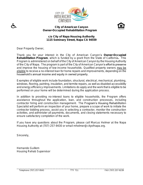 First page of the Owner-Occupied Rehabilitation Program Application