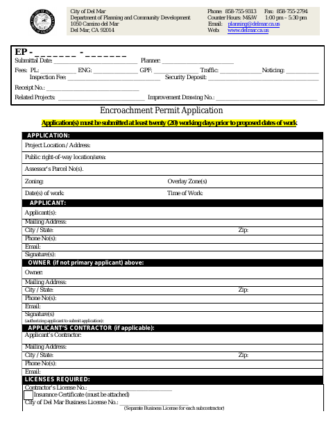 First page of the Encroachment Permit Application Packet