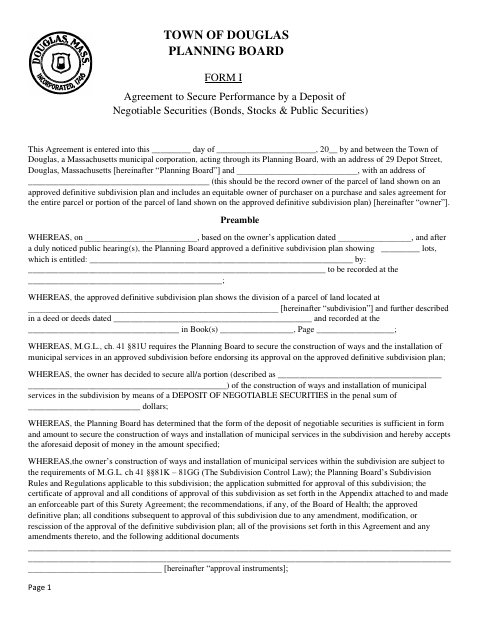 First page of the Agreement to Secure Performance by Deposit of Negotiable Securities
