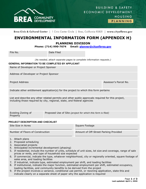 First page of the Environmental Information Form (Appendix H)