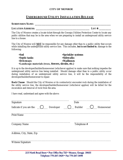 First page of the Underground Utility Installation Release and Service Line Installation Agreement
