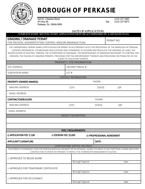 First page of the Grading Permit Application