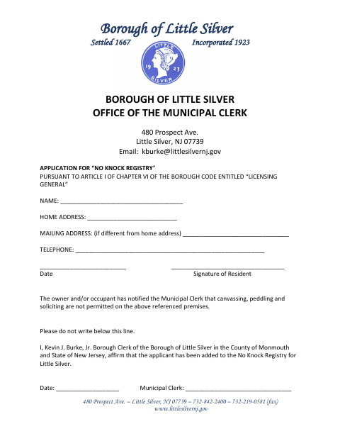 First page of the No Knock Registry Application