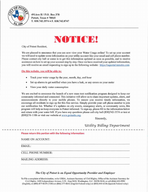 First page of the Water Usage and Text Notification Sign-Up Form