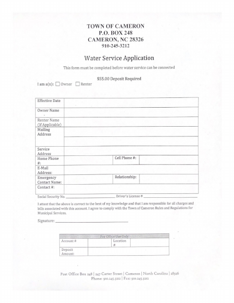 First page of the Water Service Application
