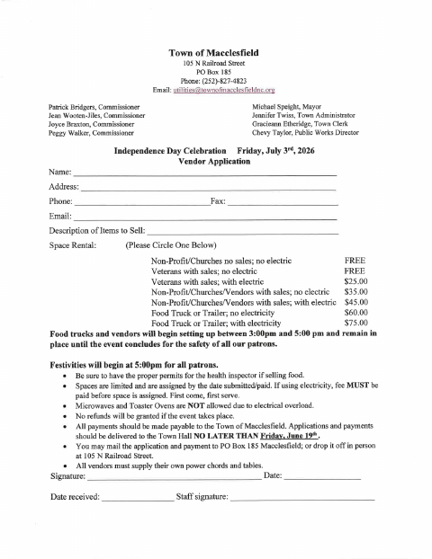 First page of the Independence Day Celebration Vendor Application 2026