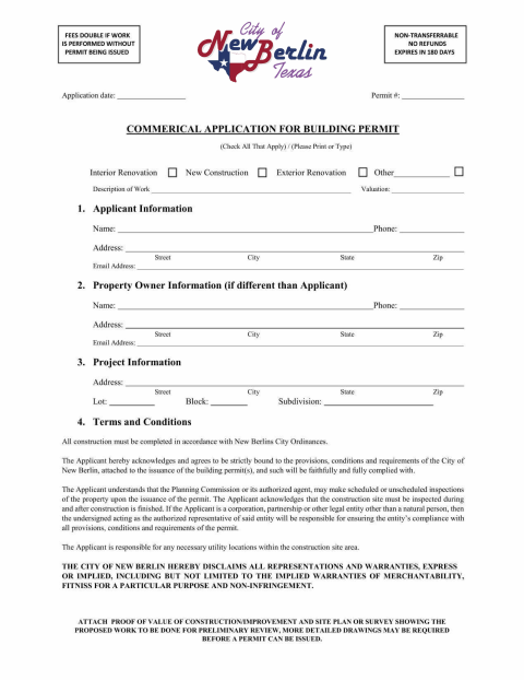First page of the Commercial Application for Building Permit