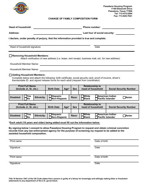 First page of the Change of Family Composition Form