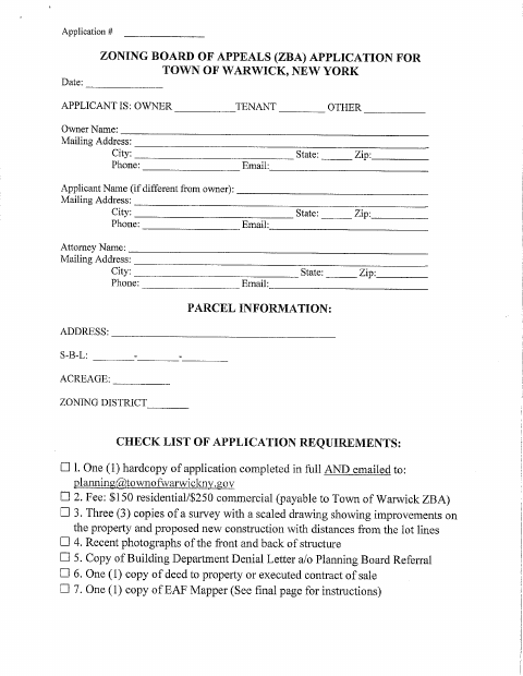 First page of the Zoning Board of Appeals Application Packet