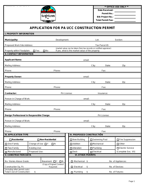 First page of the PA UCC Construction Permit Application