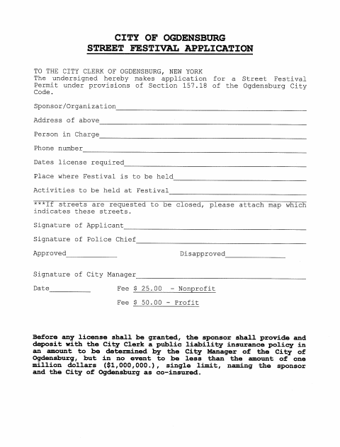 First page of the Street Festival Application