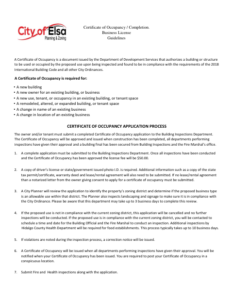 First page of the Certificate of Occupancy Application