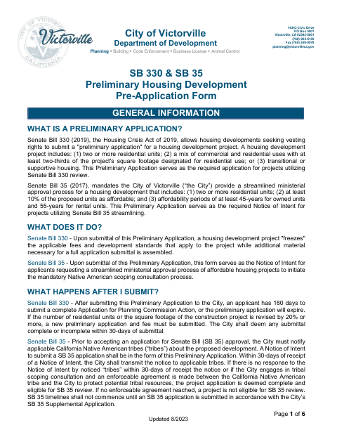 First page of the SB 330 & SB 35 Preliminary Housing Development Pre-Application Form